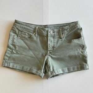 Mossimo Olive Green Denim Shorts Mid Rise Rolled Hem Stretch Size 6